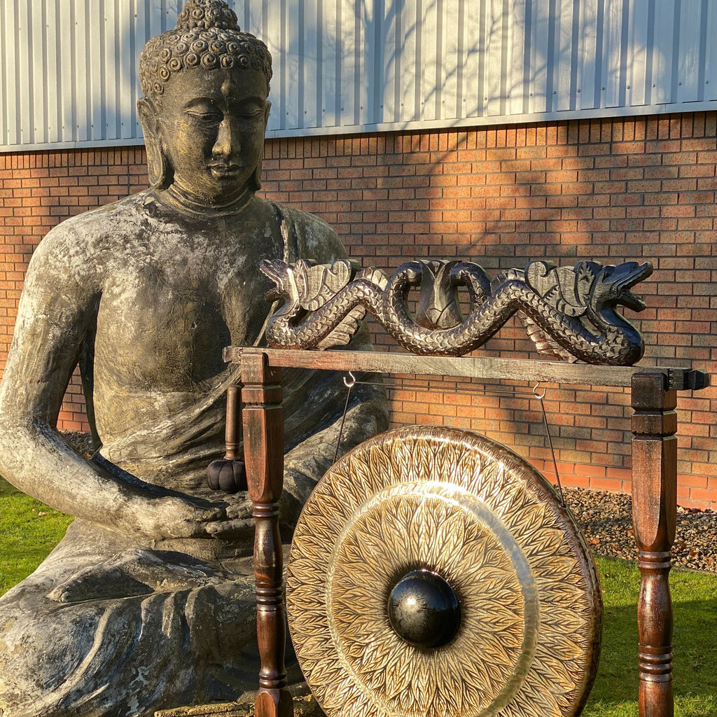 Large Gong in Brown Antique Stand 80cm with Black Pattern Design