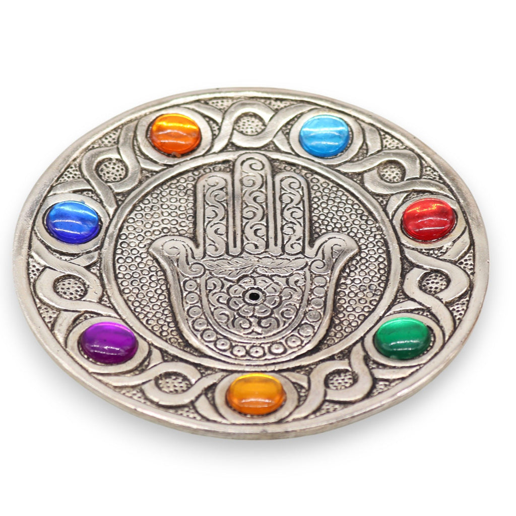 Seven Chakra Hamsa Incense Holder with Vibrant Chakra Design