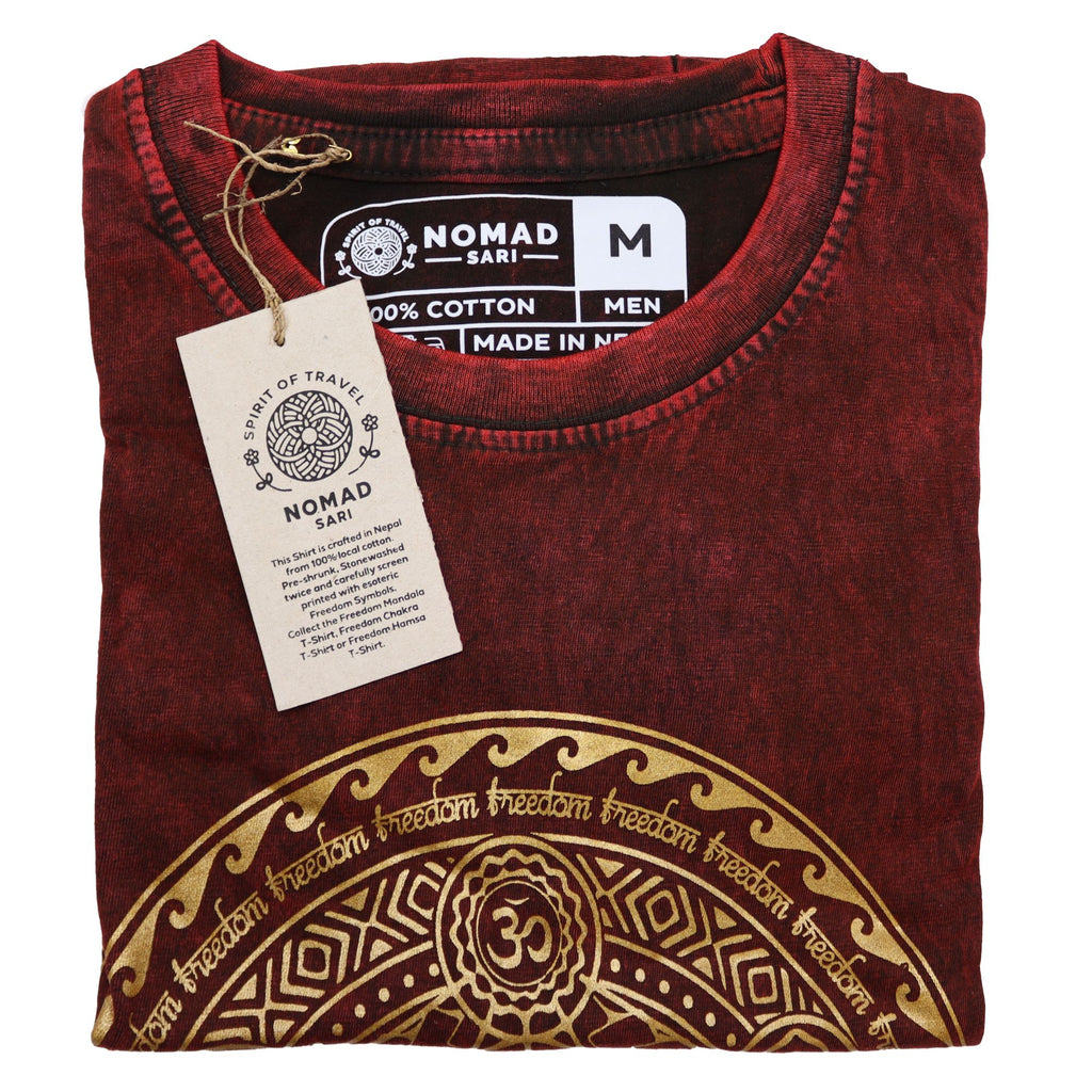 Nomad Sari Stonewashed Cotton T Shirt with Chakra Design in Maroon