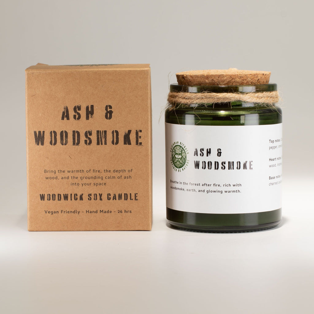 Greenman Woodwick Soy Candle Ash and Woodsmoke in Green Jar