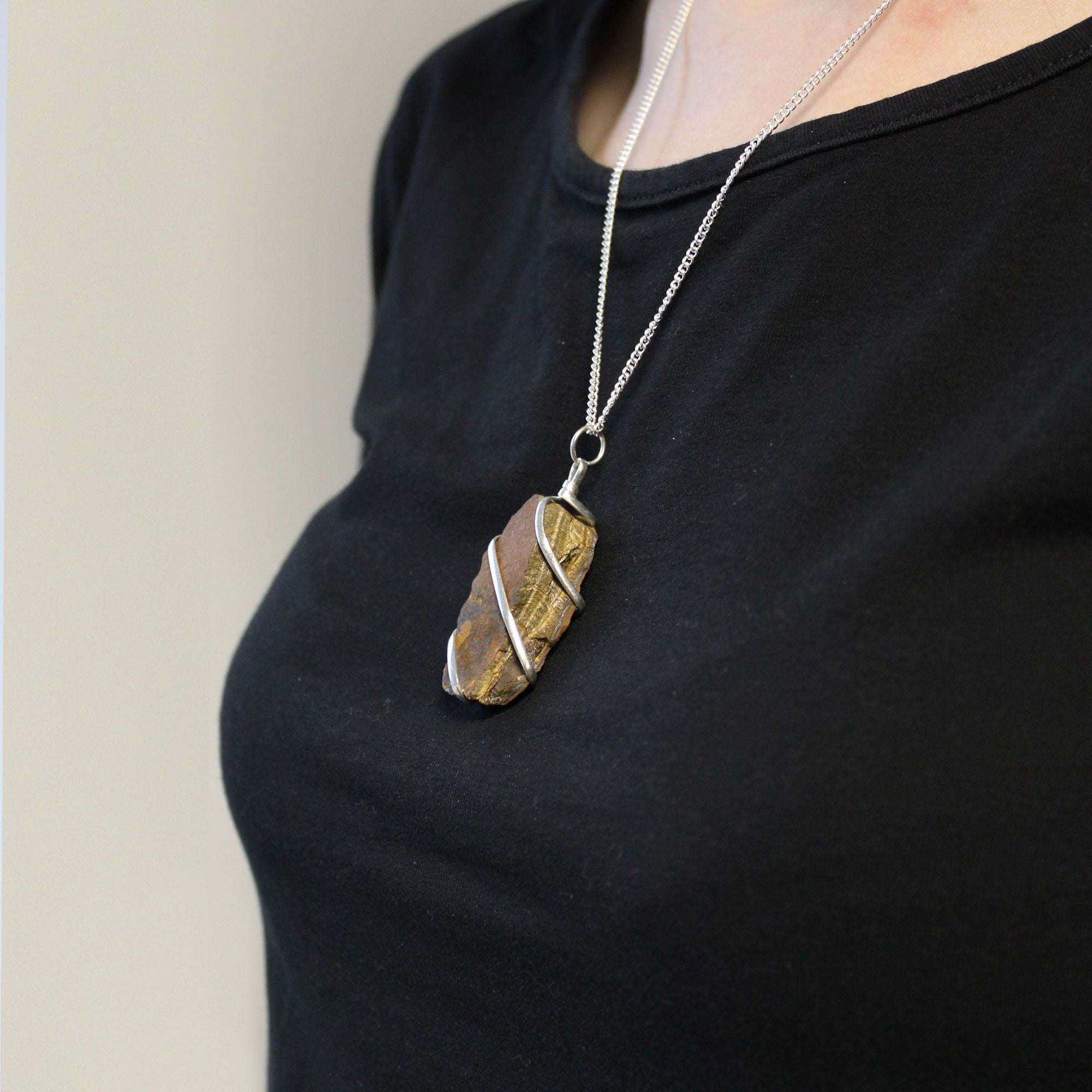 Cascade Wrapped Gemstone Necklace with Rough Tiger Eye Design