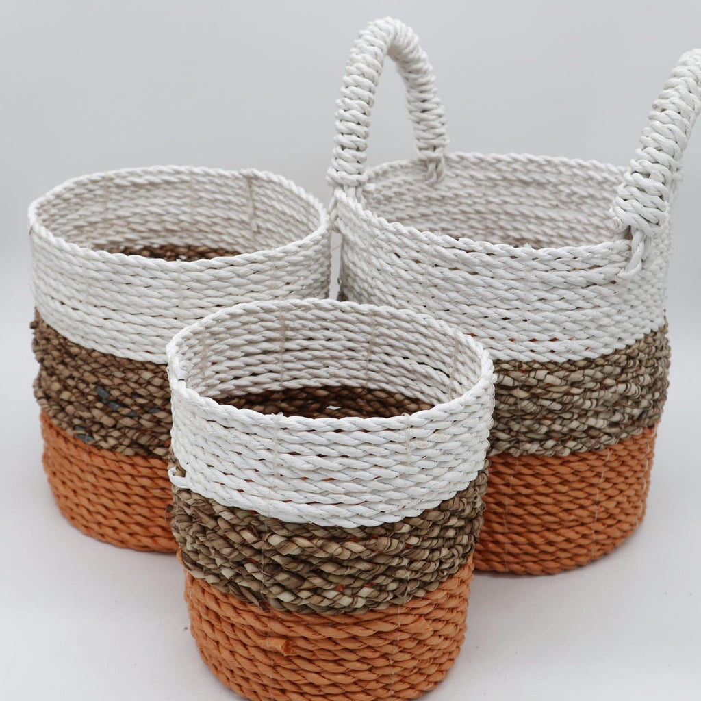 Seagrass Basket Set in Orange Natural and White for Storage