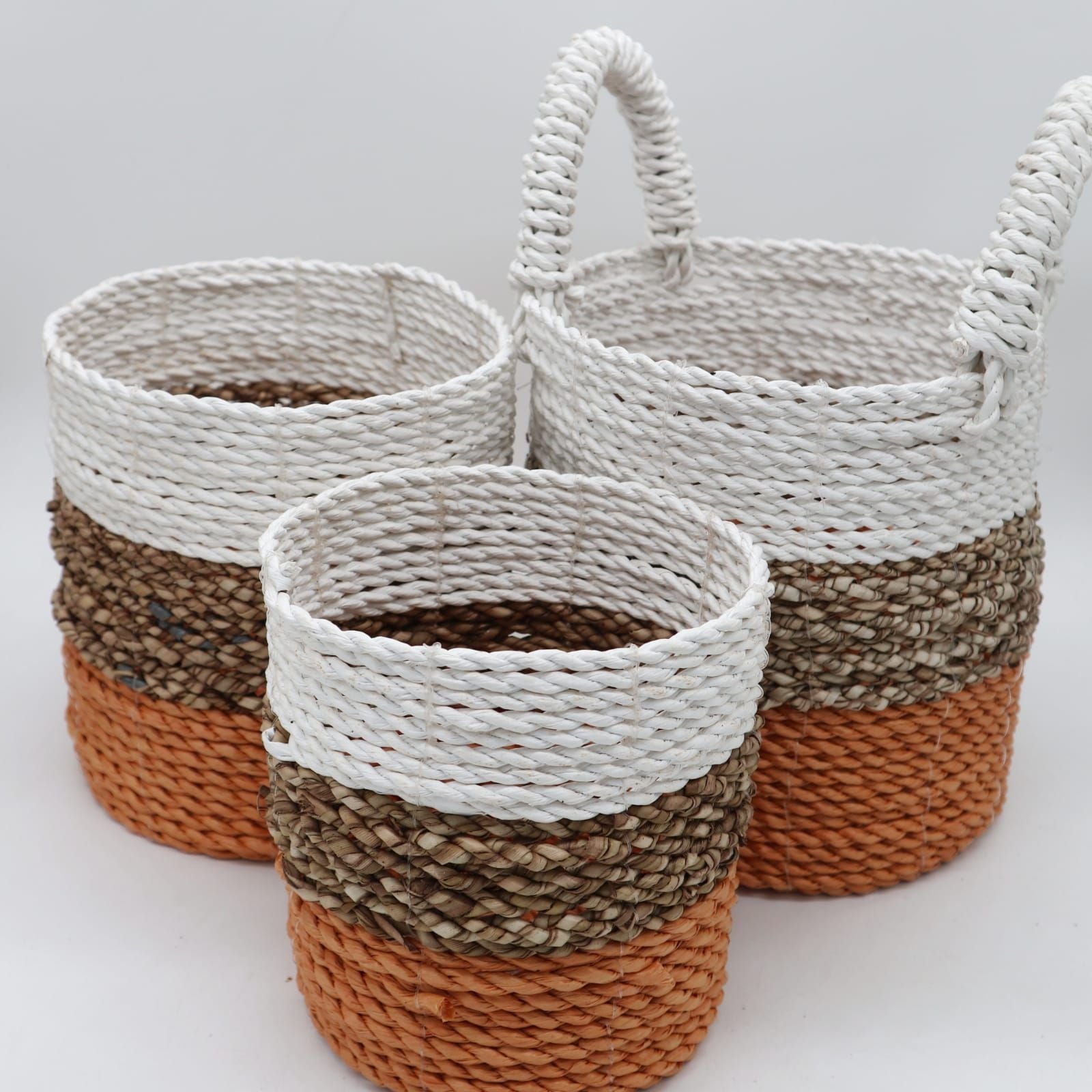 Seagrass Basket Set in Orange Natural and White for Storage