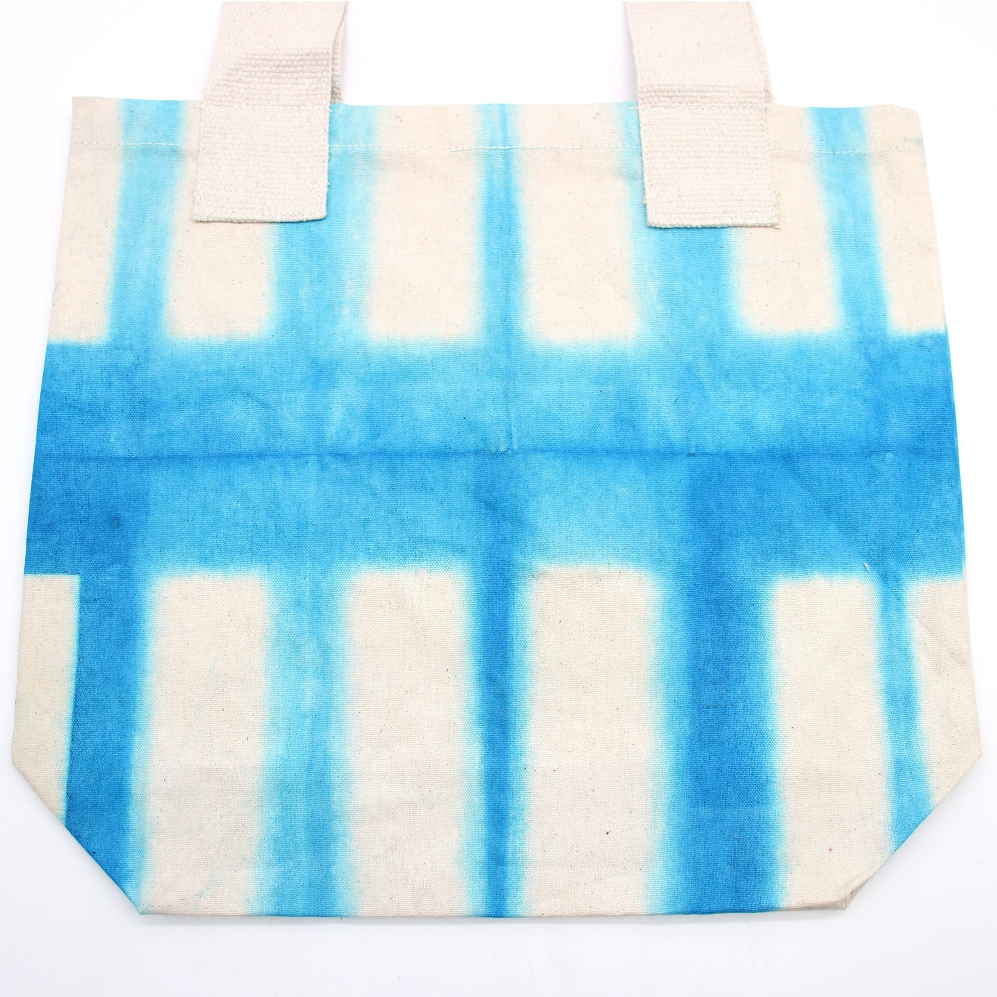 Natural Tye Dye Cotton Bag in Sky Blue Blocks with Natural Handle
