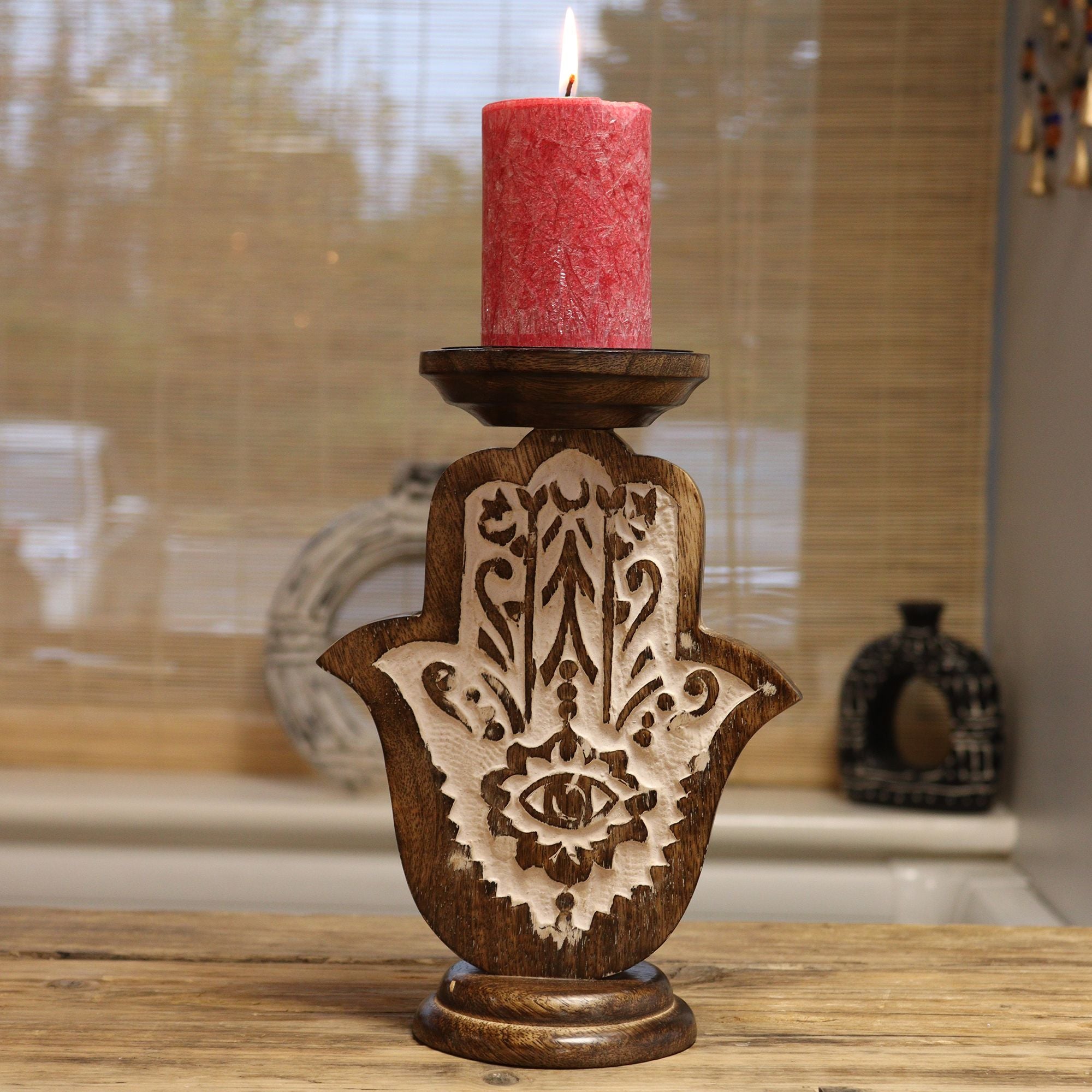 Mango Wood Candle Stand with Hamsa Design for Home Decor