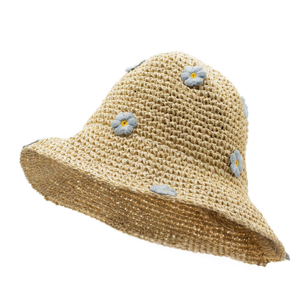 Nomad Sari Floppy Straw Sun Hat Beige with Blue Floral Accents