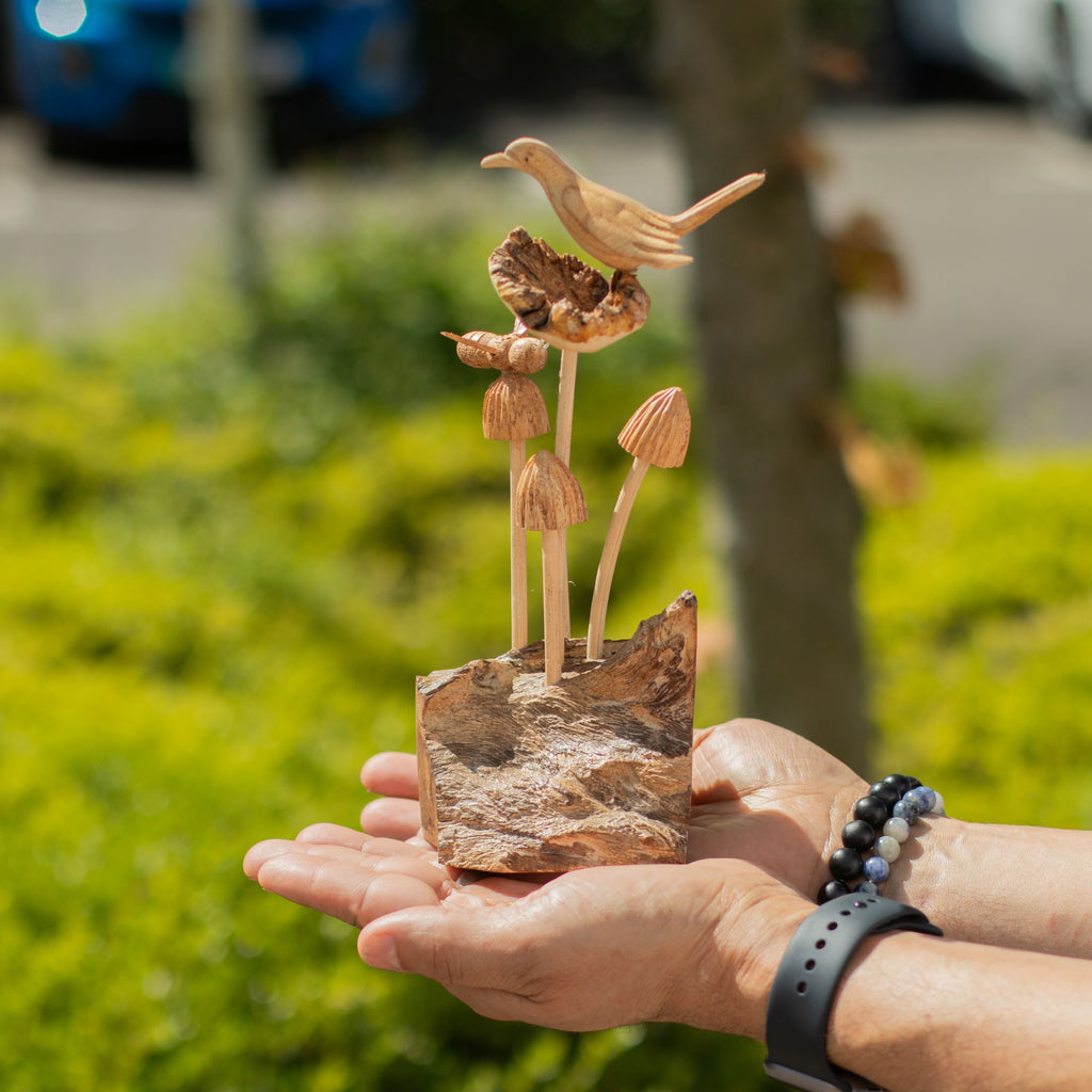Handmade Parasite Wood Art Carving with Bird and Bee on Mushrooms