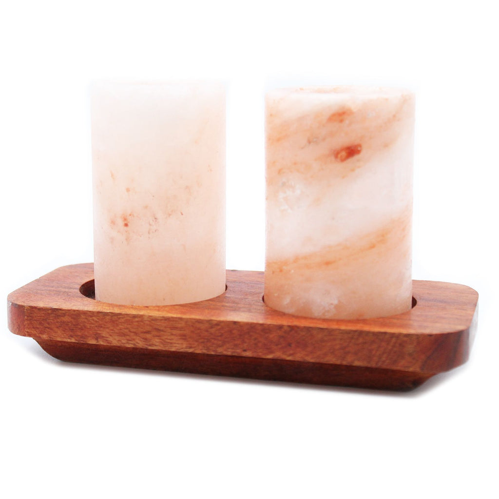 Set of 2 Himalayan Salt Shot Glasses with Wood Serving Stand
