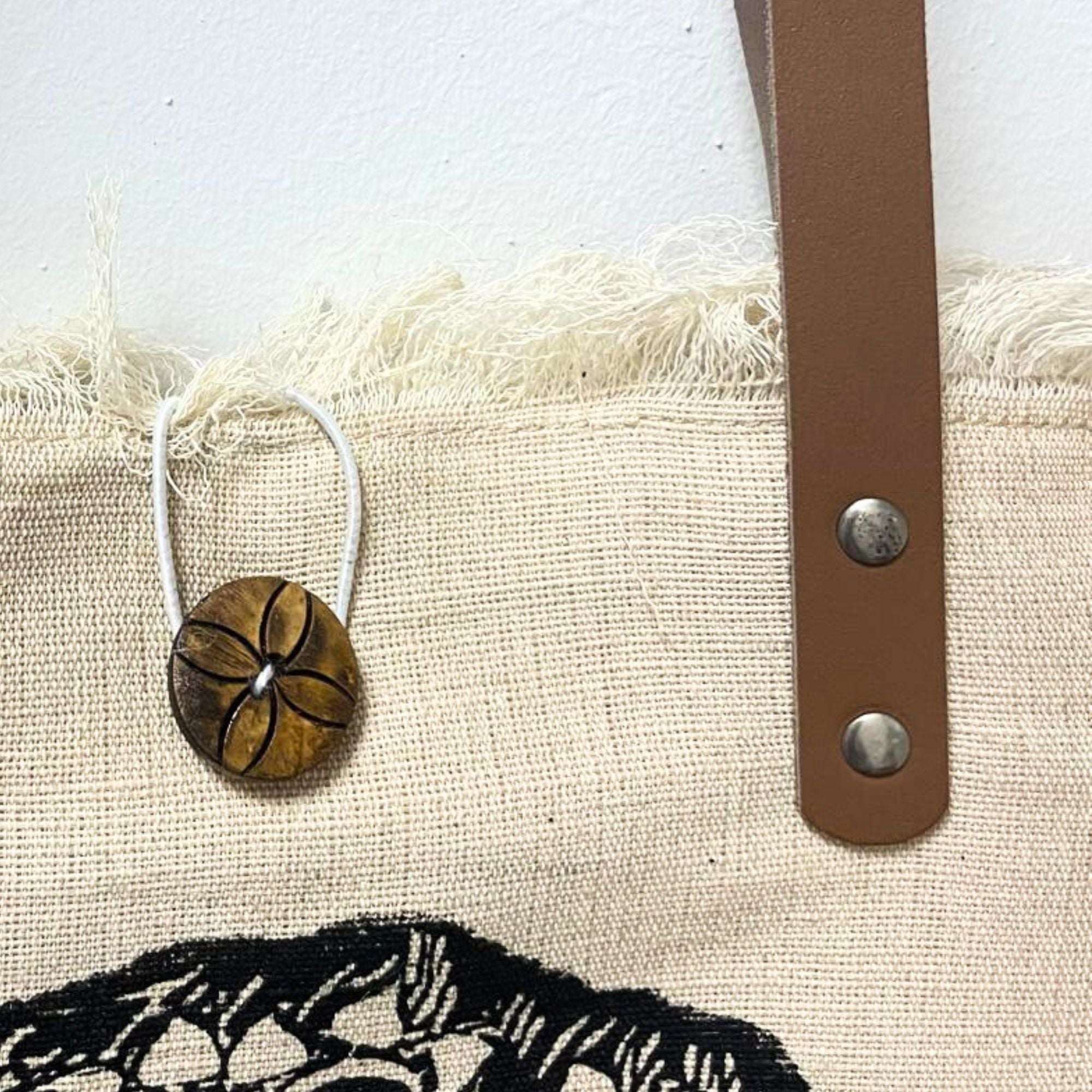Natural Tote Bag with Leather Handle and Unique Mandala Design