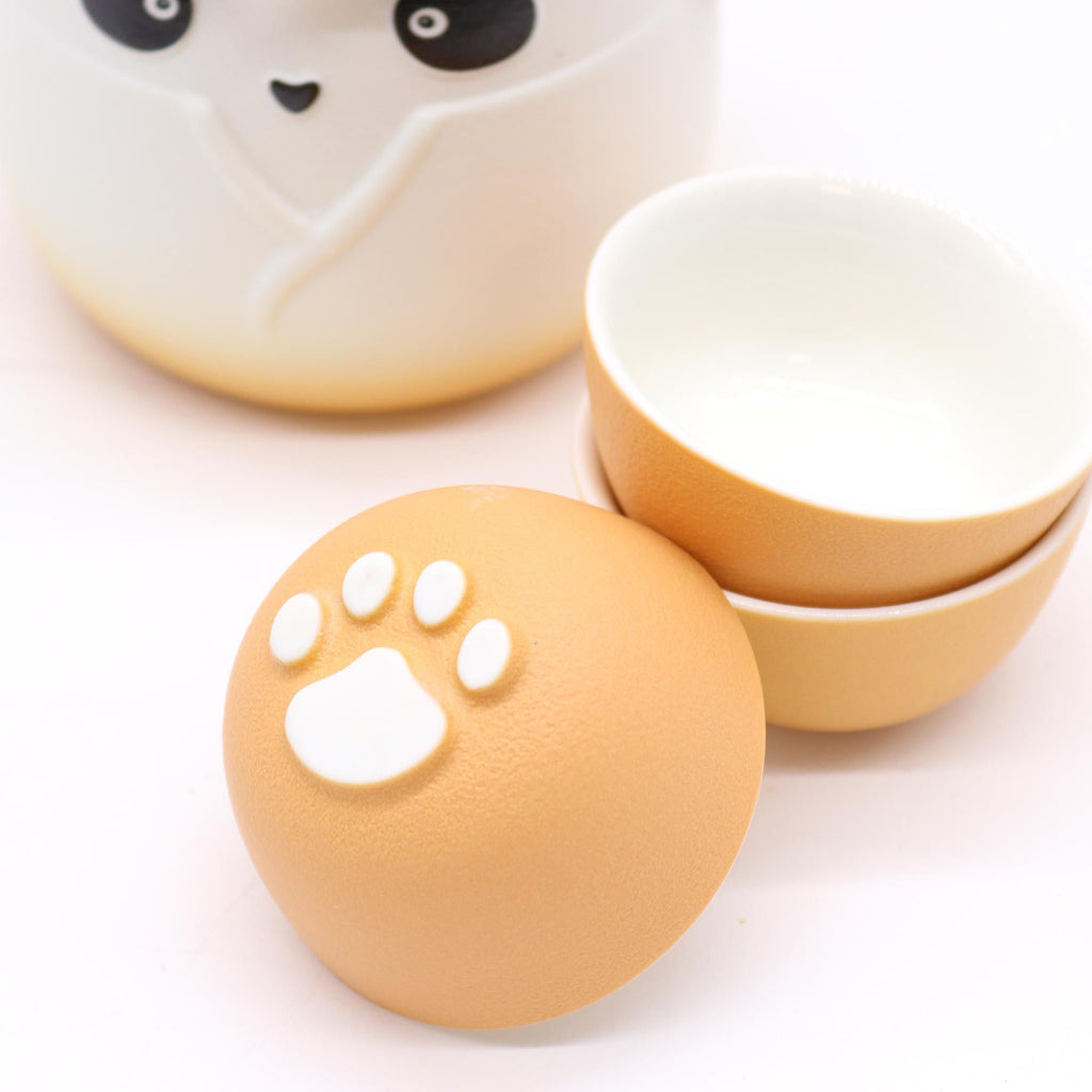Panda Teapot Set with Three Cups in Vibrant Orange Design