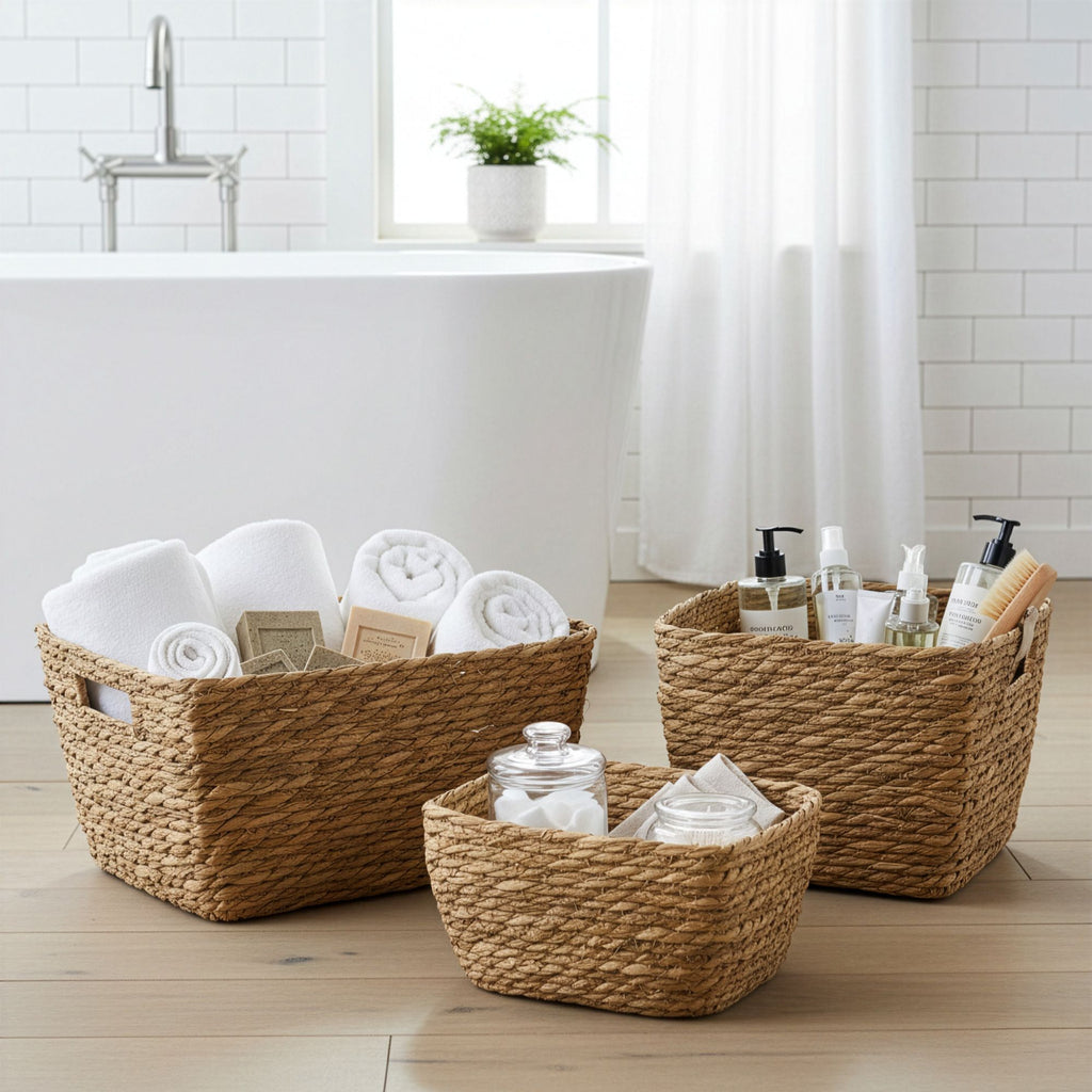 Natural Seagrass Square Baskets Set of 3 for Home Organisation