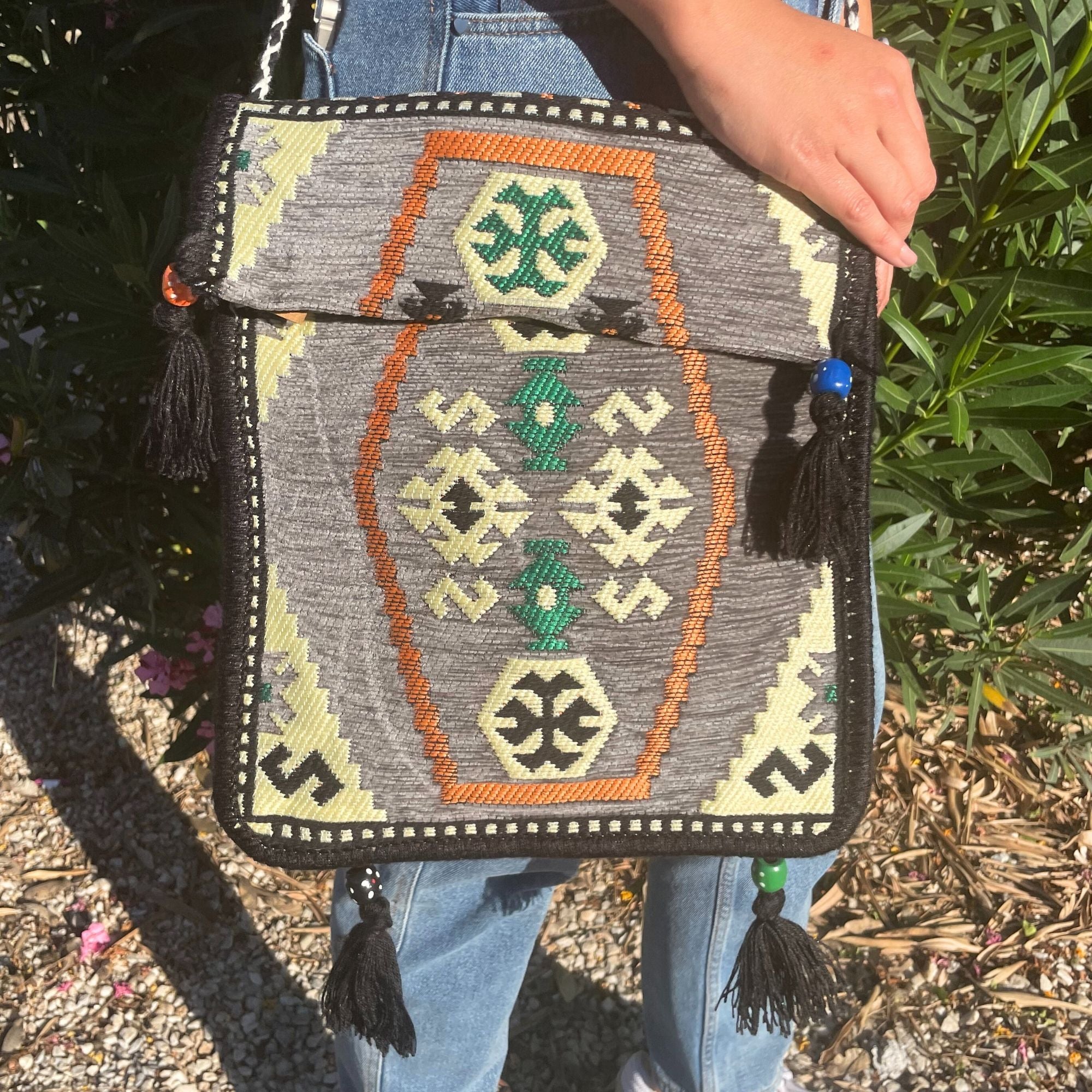 Pale Grey Kilim Messenger Festival Bag for Summer Events and Outings