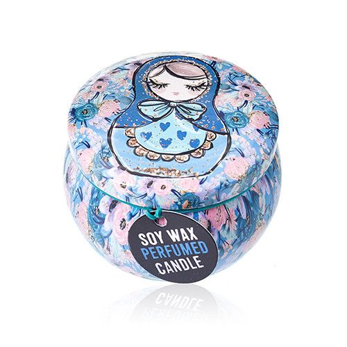 Art Tin Candle Russian Dolls Design in Dolly Blue for Home Decor