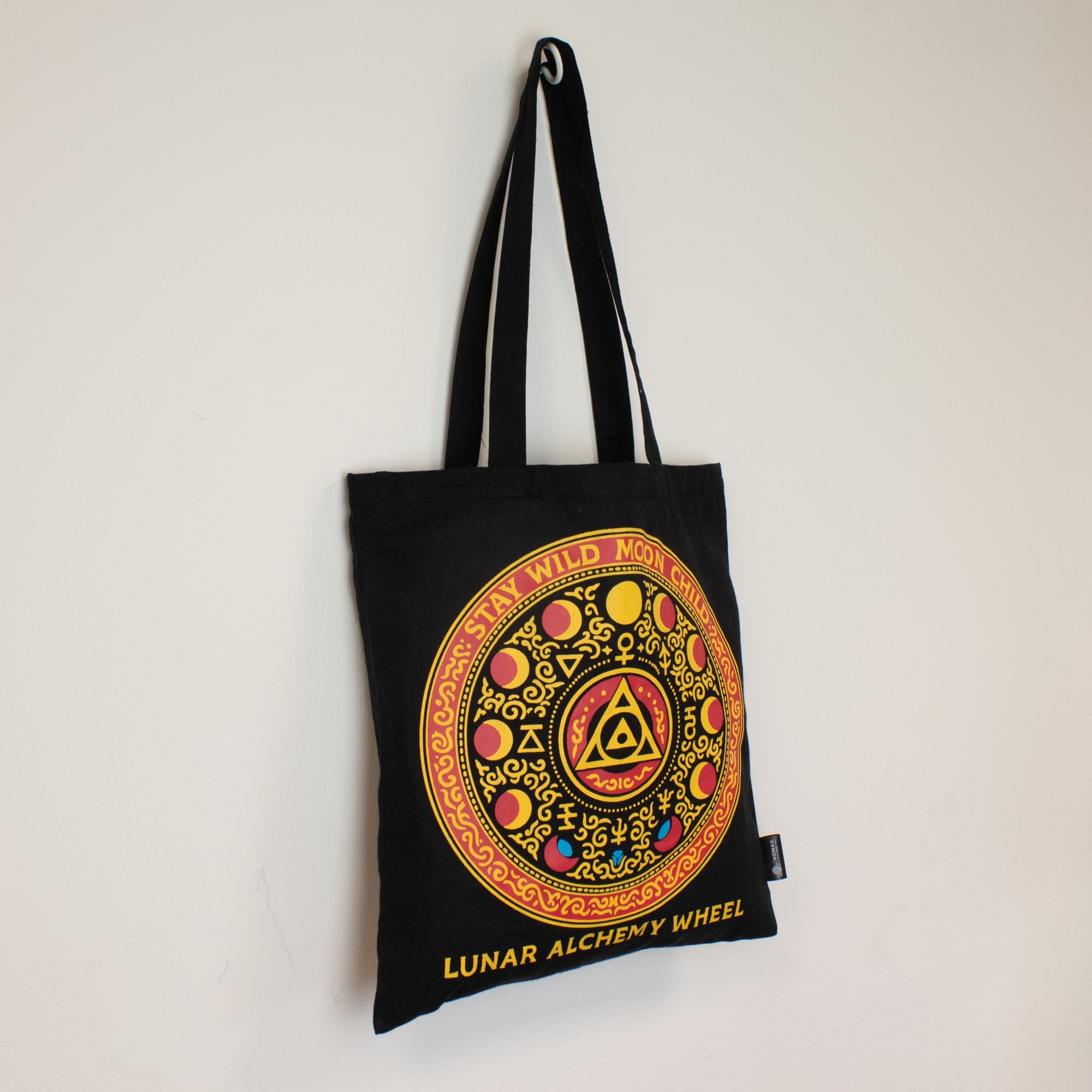 Iconic Classic Tote Bag with Luna Alchemy Wheel Design in Black
