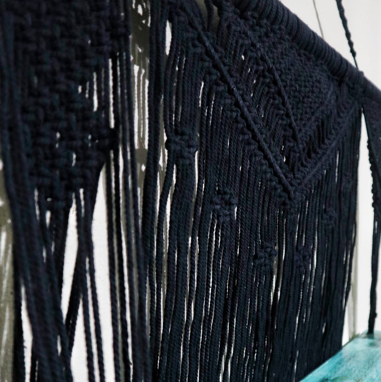 Black Macrame Hanging Shelves with Turquoise Accents for Decor