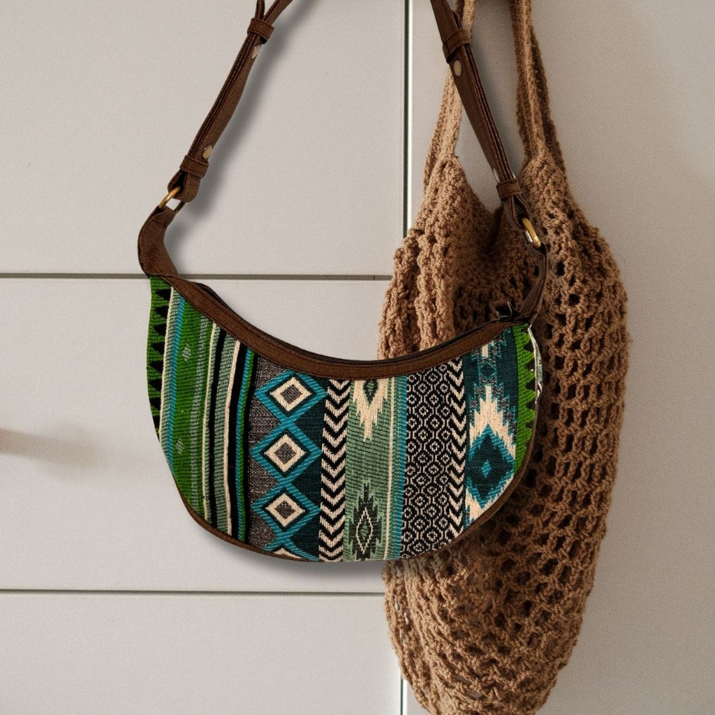 Jacquard Hobo Bag in Bold Greens with Stylish Brown Strap