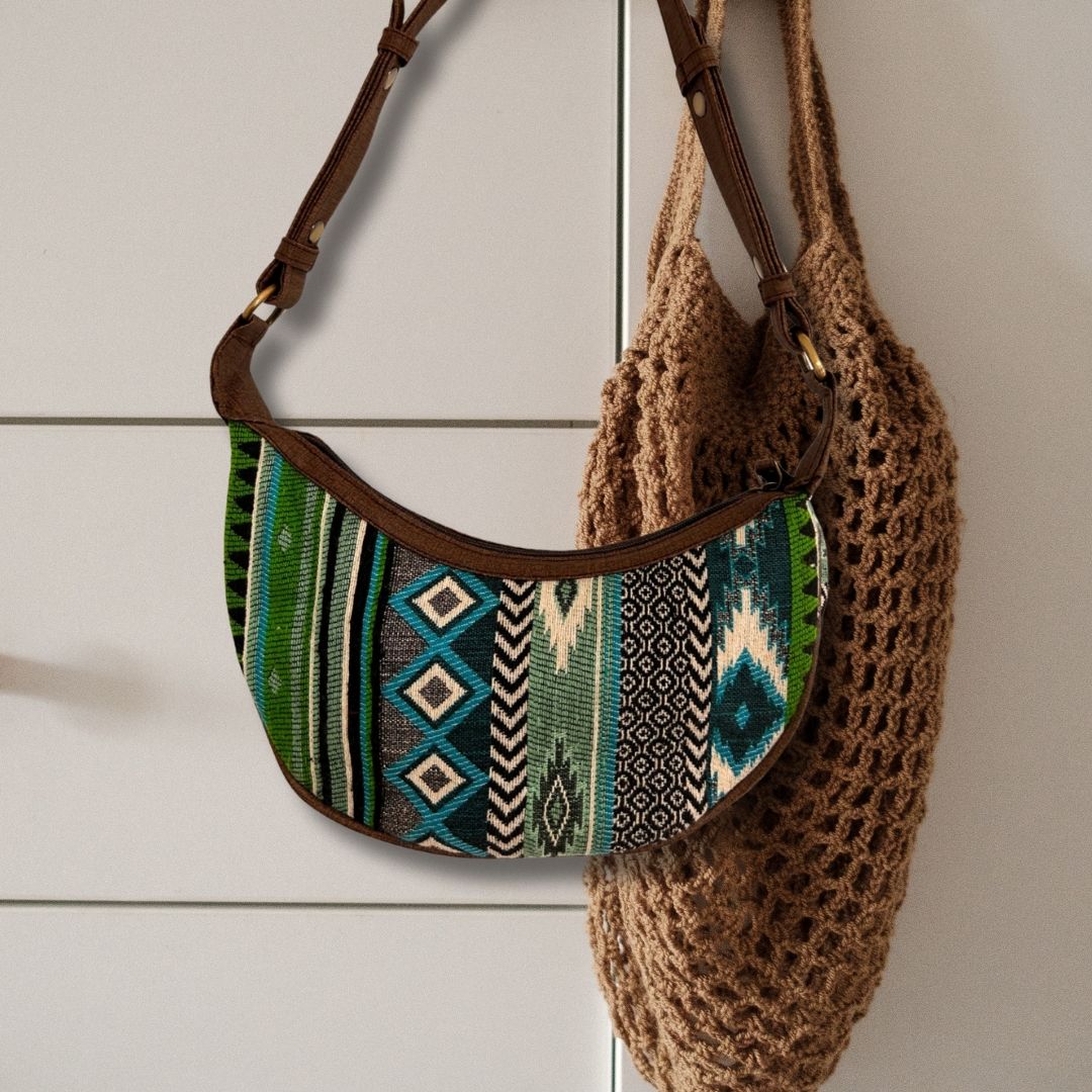 Jacquard Hobo Bag in Bold Greens with Stylish Brown Strap