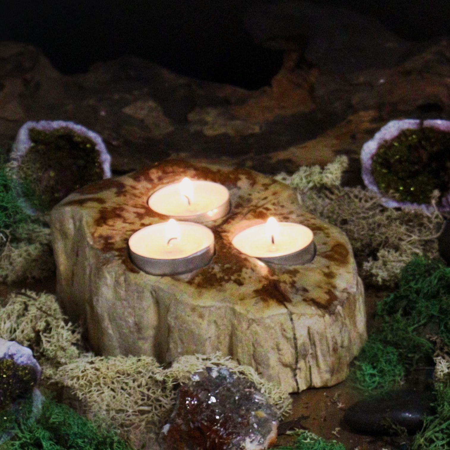 Petrified Wood Candle Holder Triple for Unique Rustic Decor