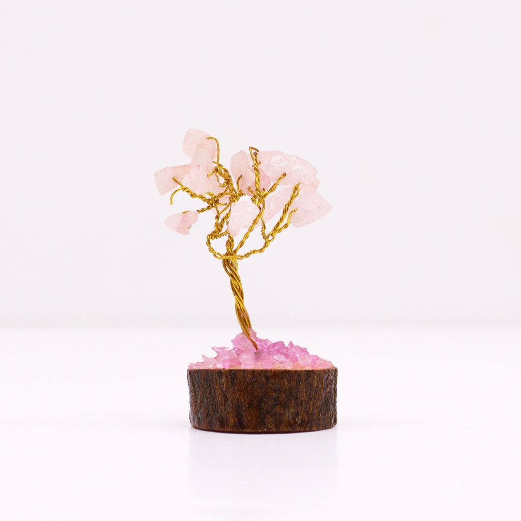 Mini Rose Quartz Gemstone Tree on Wooden Base with 15 Stones