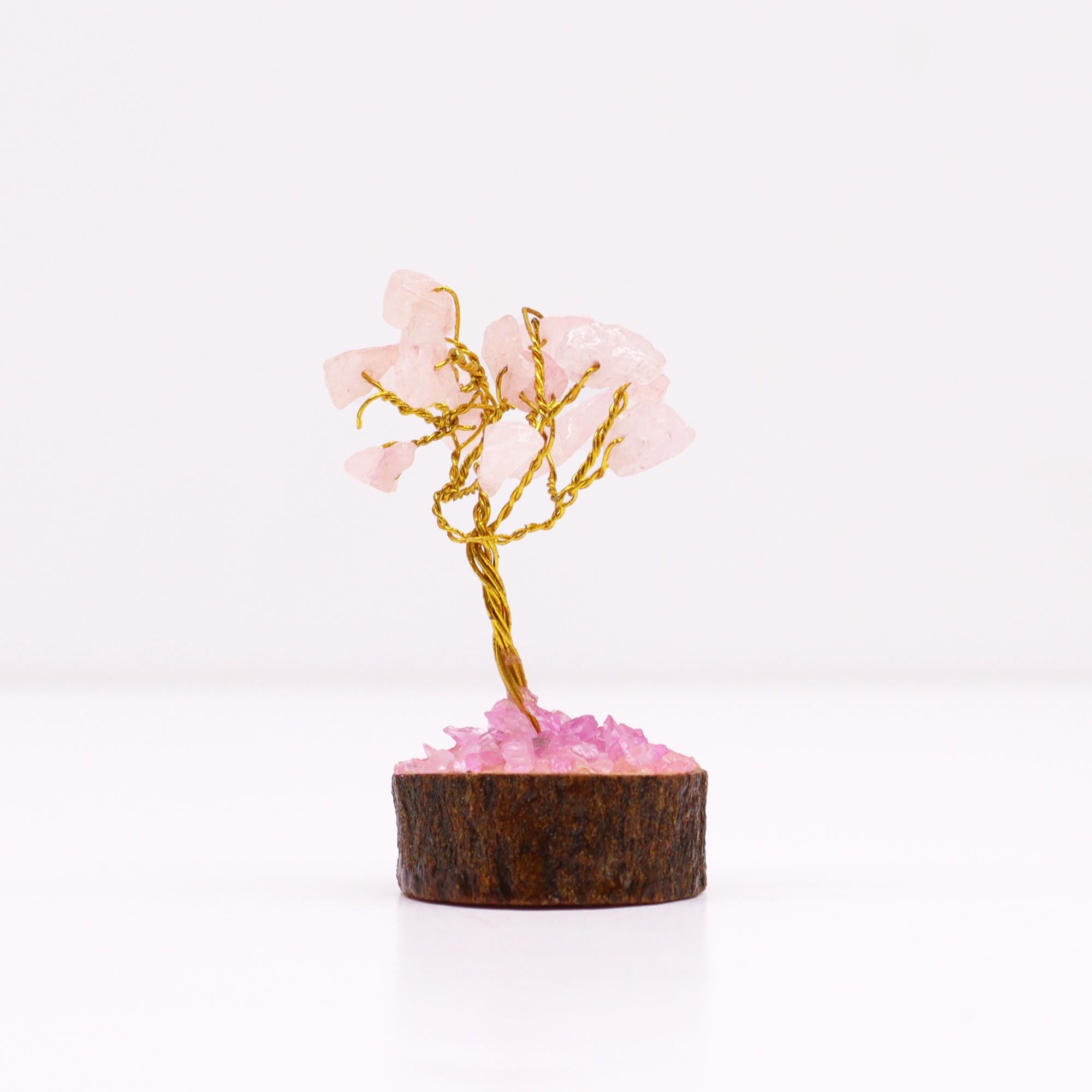 Mini Rose Quartz Gemstone Tree on Wooden Base with 15 Stones