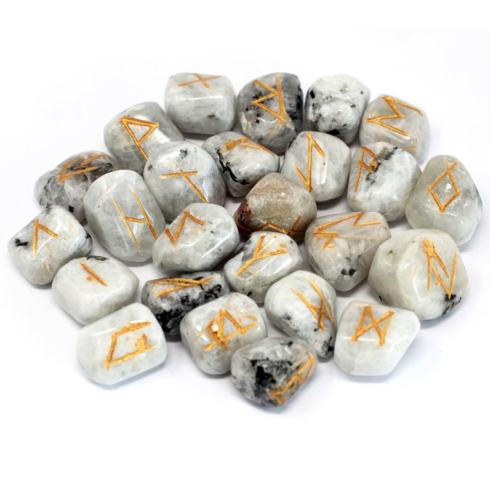 Rainbow Moonstone Runes Stone Set in Pouch for Mystical Use