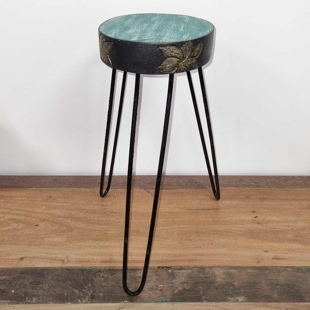 Albasia Wood Plant Stand with Turquoise and Gold Detail Design