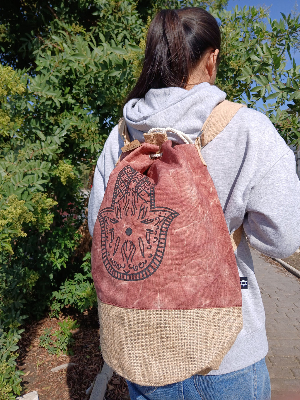 All Natural Backpack in Terracotta Stonewash with Hamsa Design