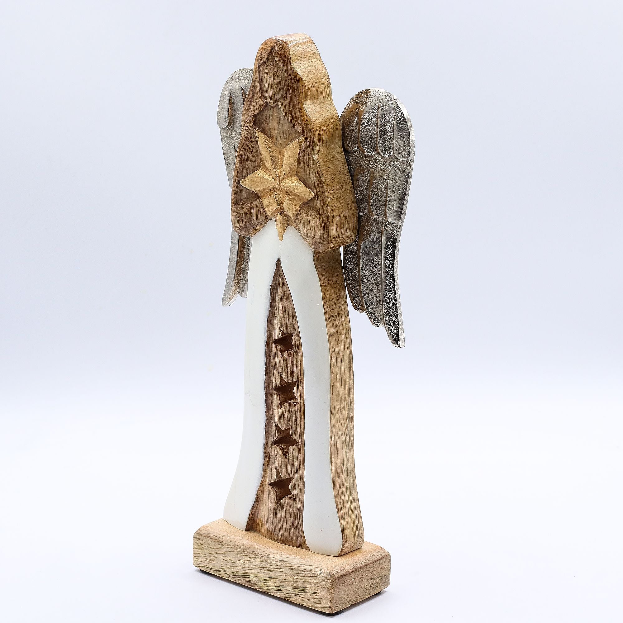 Large Mango Wood Star Angel with Metal Wings and Enamel Detail