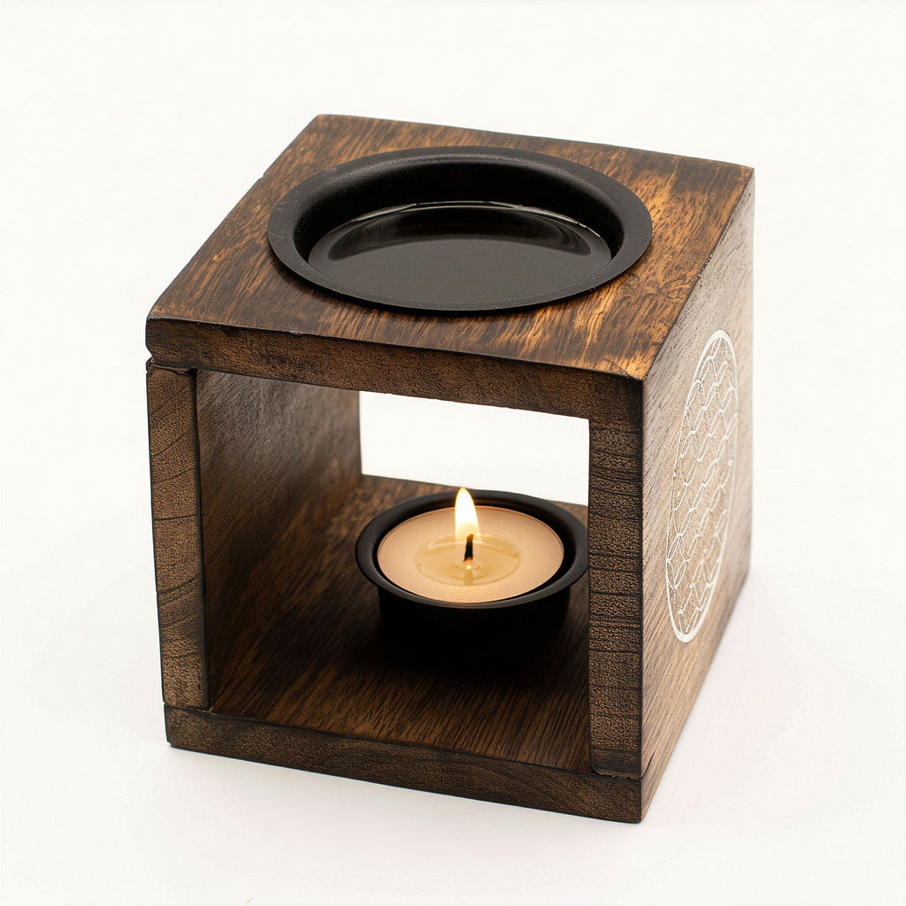 Square Mango Wood Oil Burner with Flower of Life Design