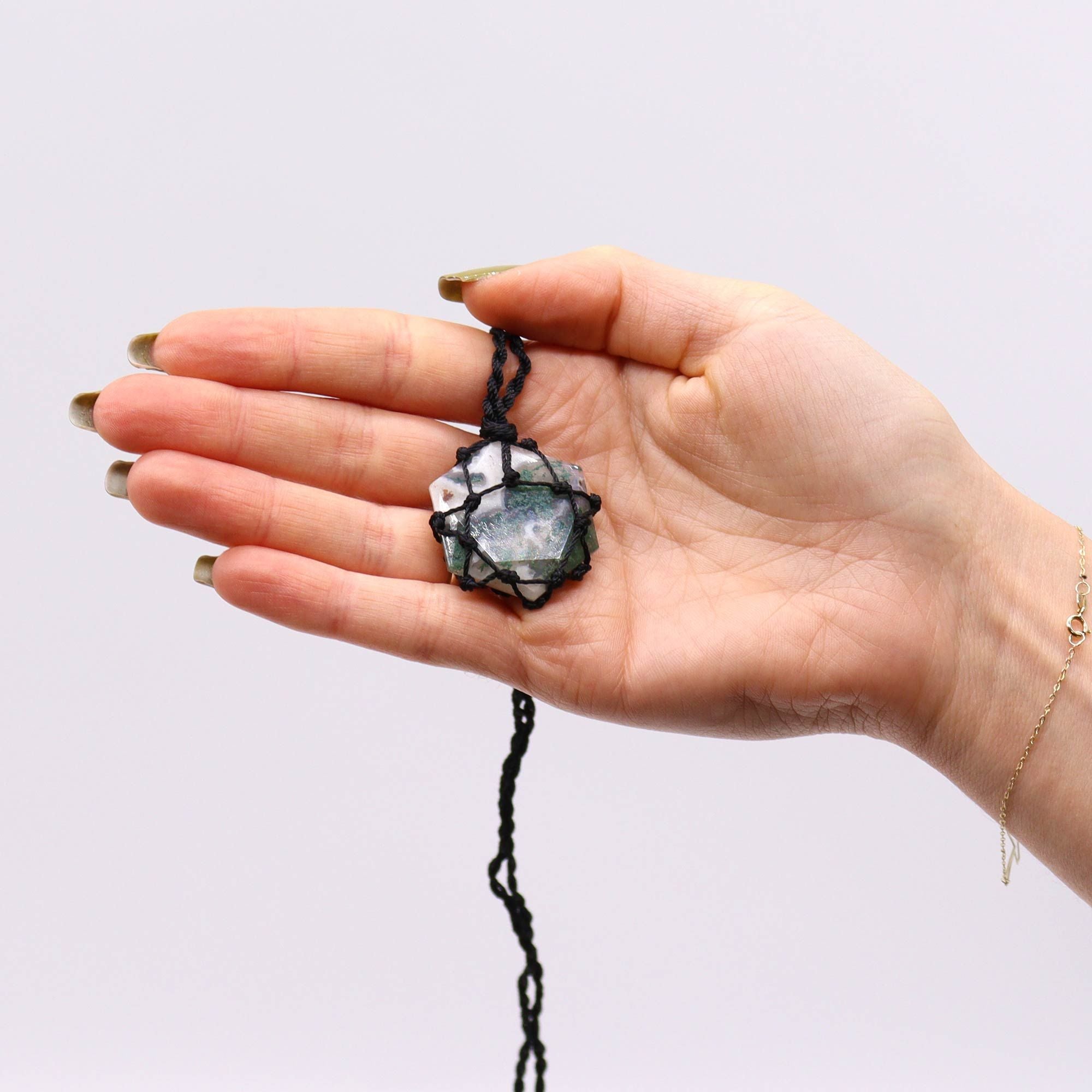 Moss Agate Laced Gemstone Hexagon Pendant with Unique Design