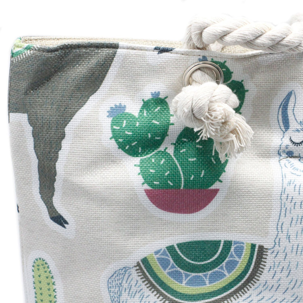 Rope Handle Bag Featuring Llamas in Vintage Green and Beige Tones