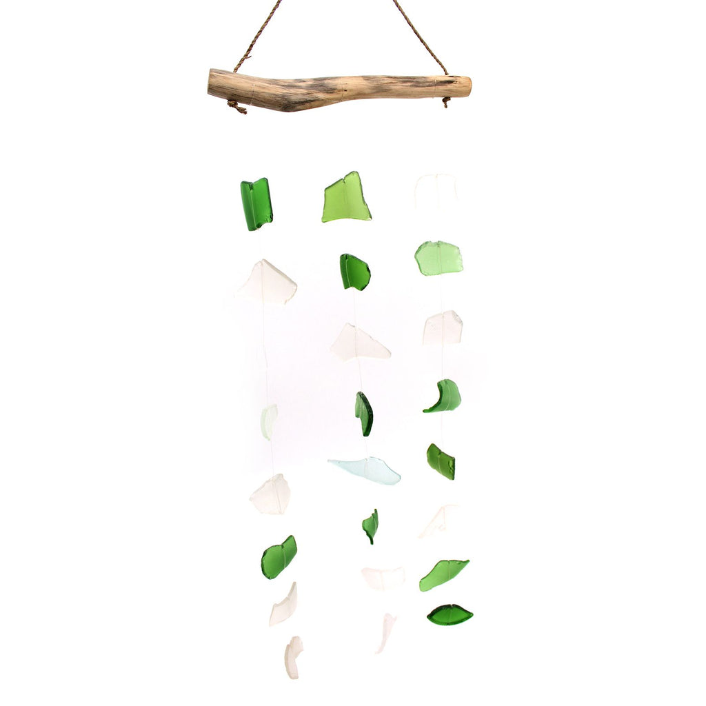 Three Drop Green and White Recycled Glass Wind Chimes