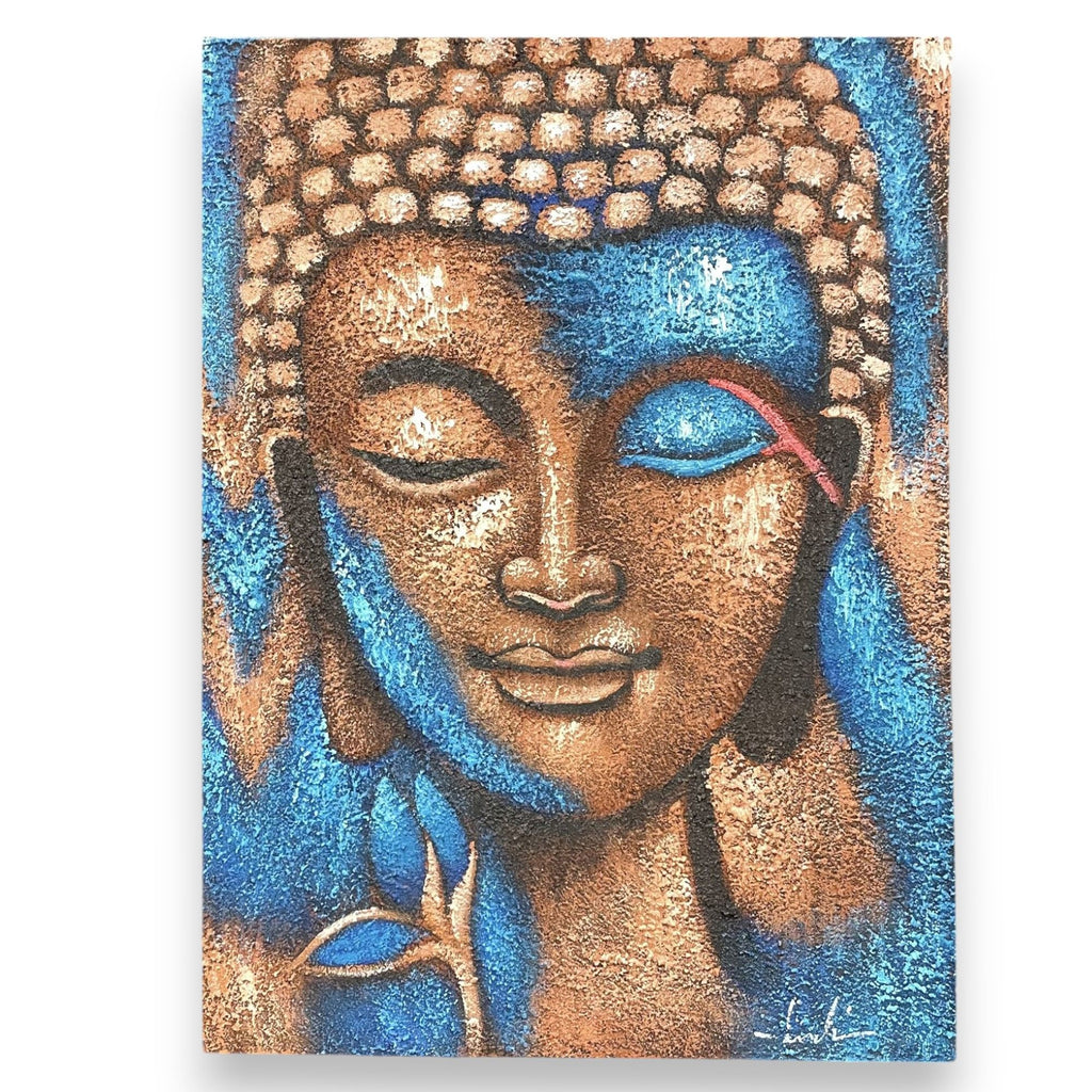 Buddha Painting in Bronze and Blue Flower Design 75x55cm Artwork