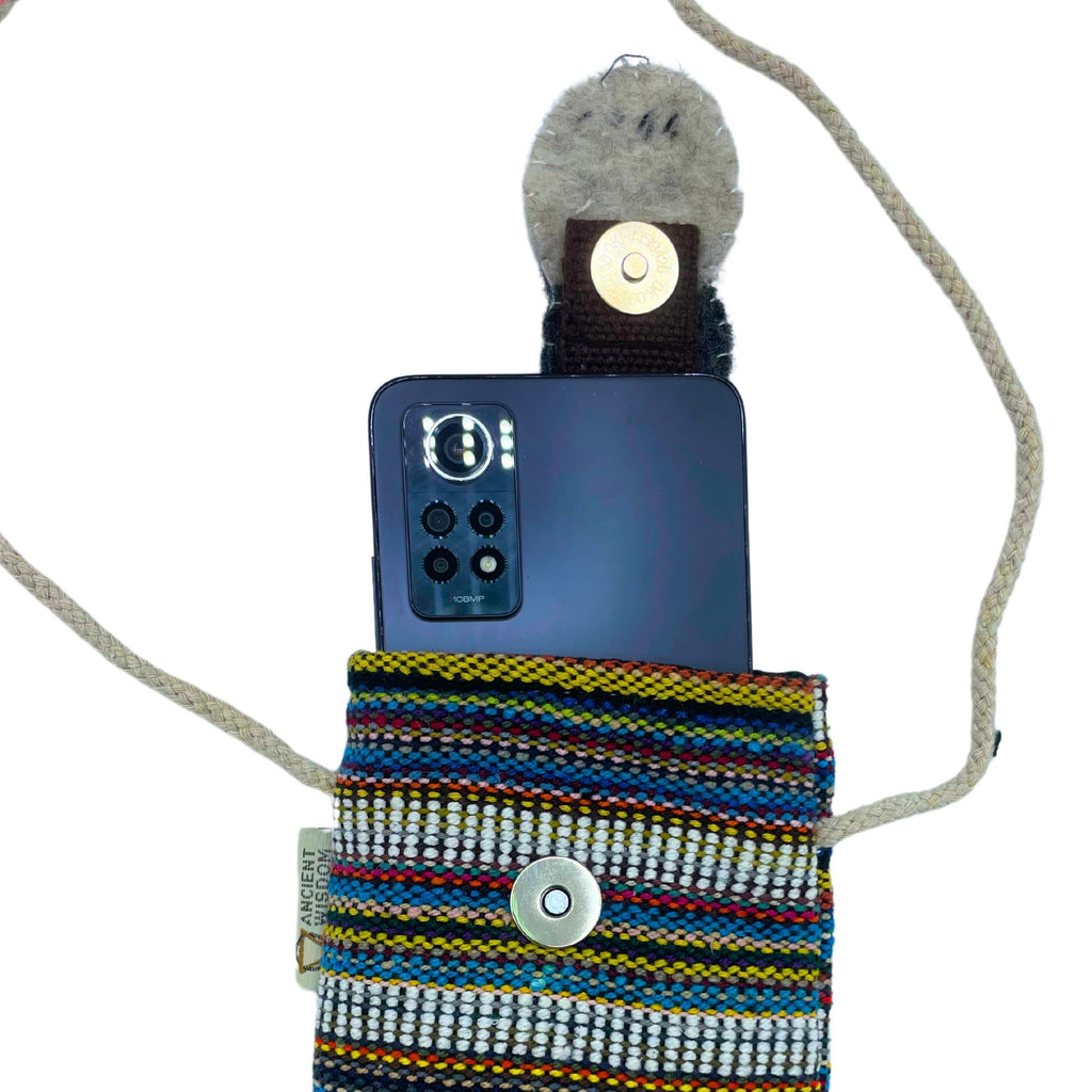 Handmade Phone Holder Bag with Stripes and White Owl Decor