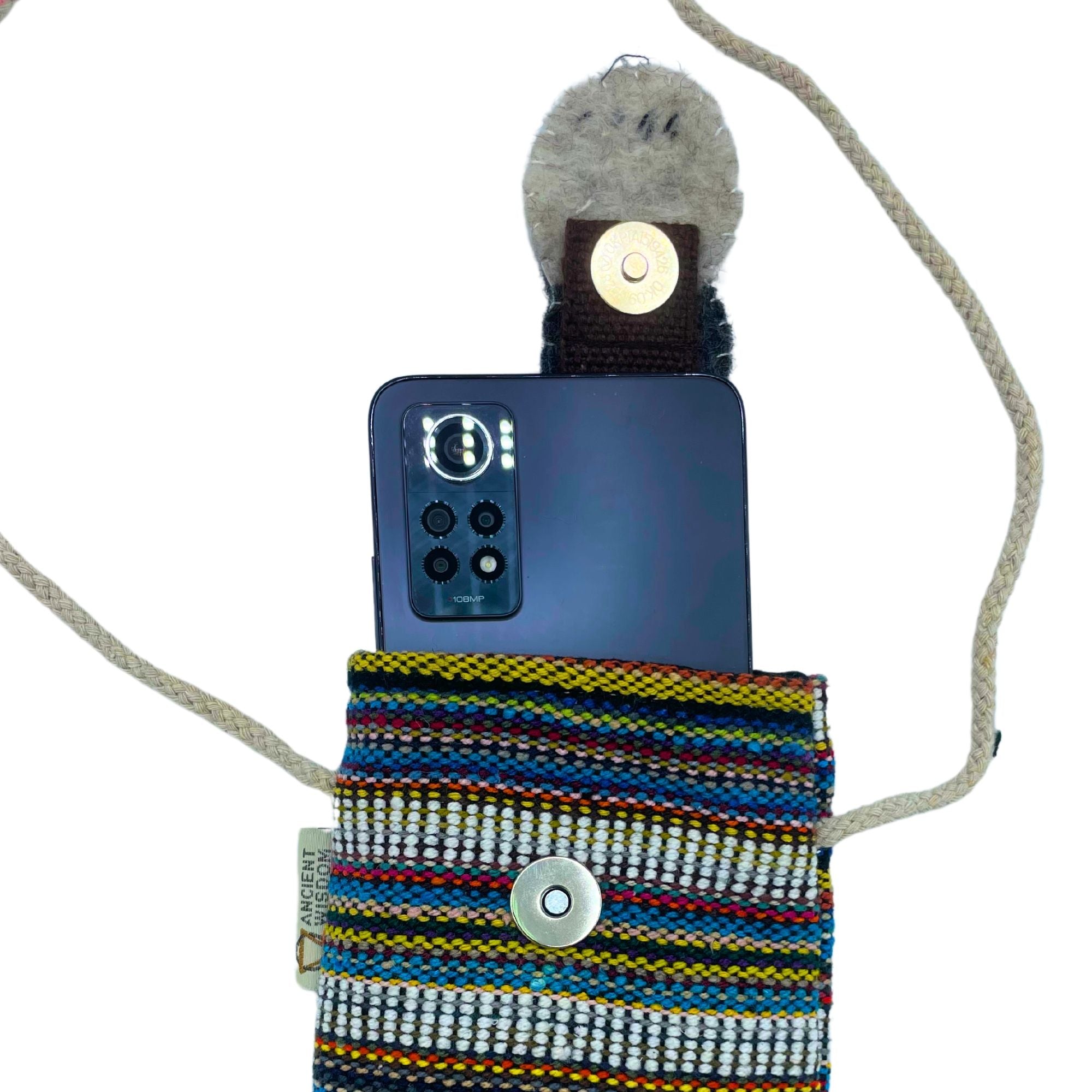 Handmade Phone Holder Bag with Stripes and White Owl Decor