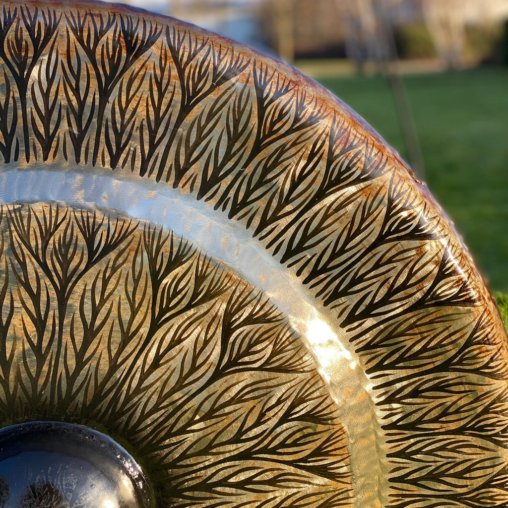 Large Gong in Brown Antique Stand 80cm with Black Pattern Design