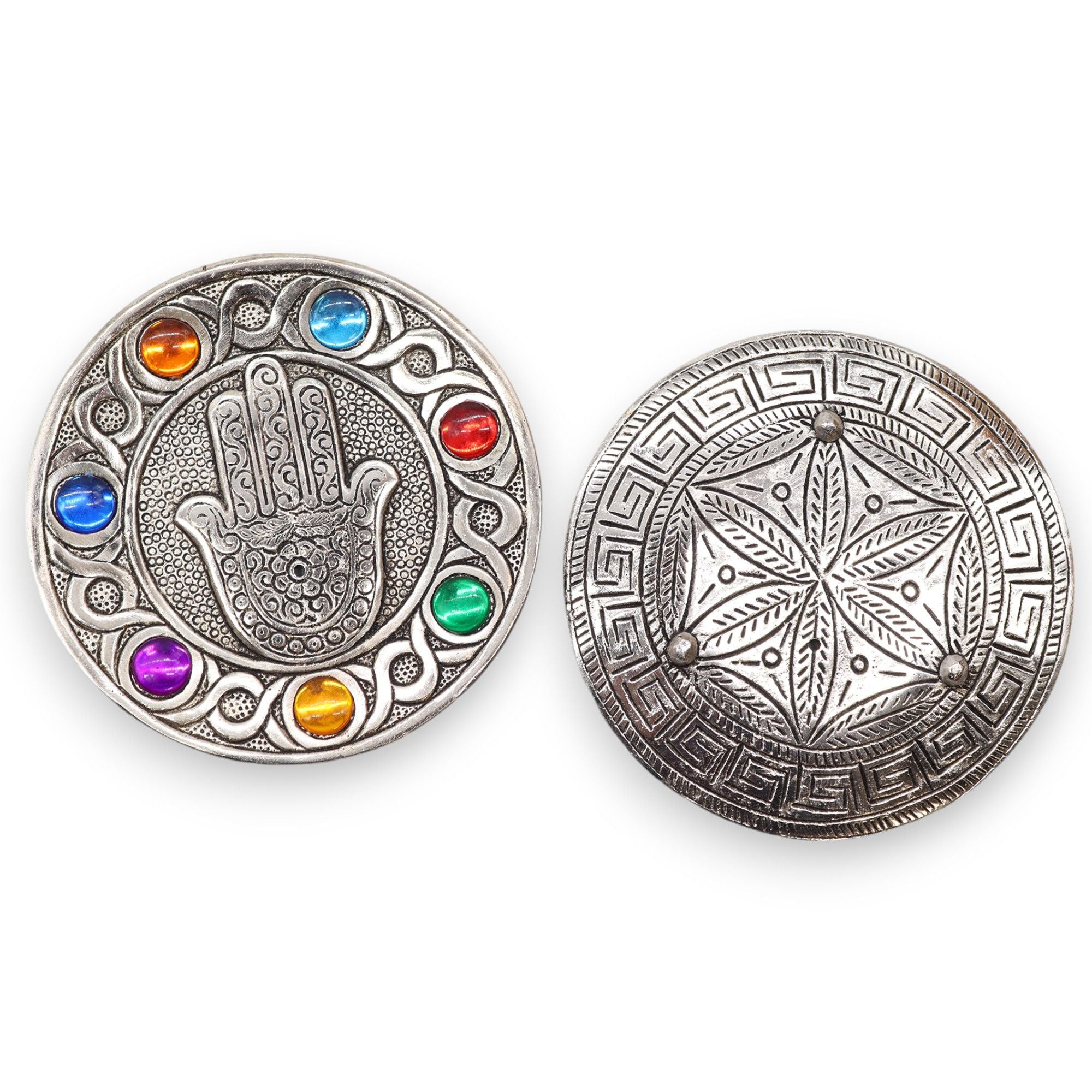 Seven Chakra Hamsa Incense Holder with Vibrant Chakra Design