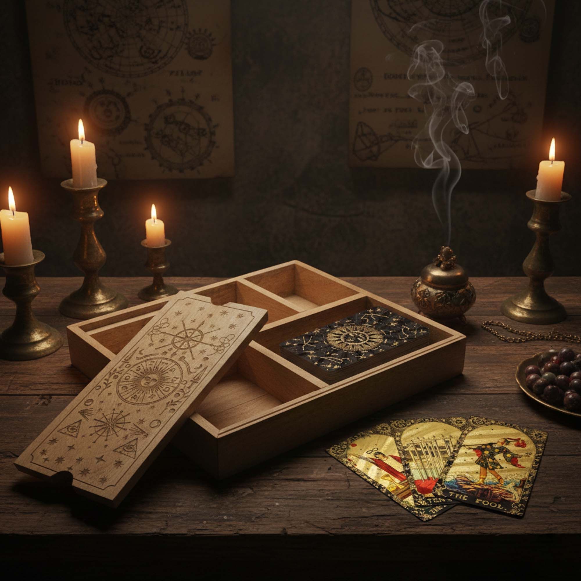 Four Section Tarot Box with Card Holder for Organised Readings