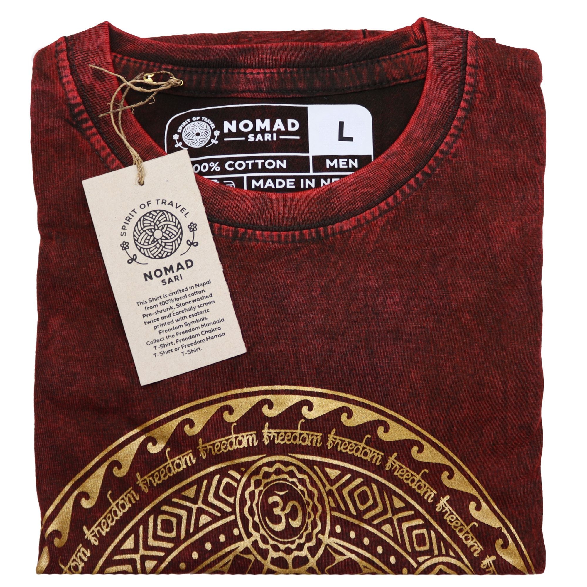 Nomad Sari Stonewashed Cotton T Shirt with Chakra Design in Maroon
