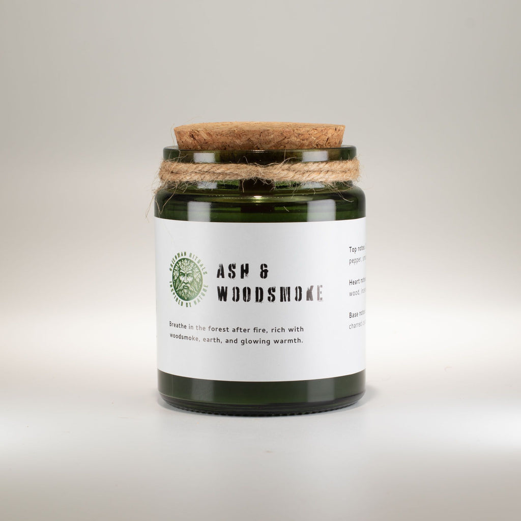 Greenman Woodwick Soy Candle Ash and Woodsmoke in Green Jar