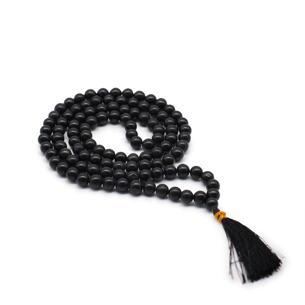 108 Bead Mala with Black Agate Gemstone Beads for Japa Practice