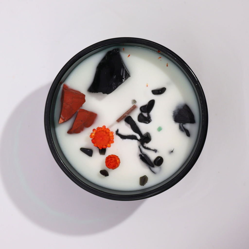 Crystal Magic Flower Candle The Devil with Red Jasper Energy