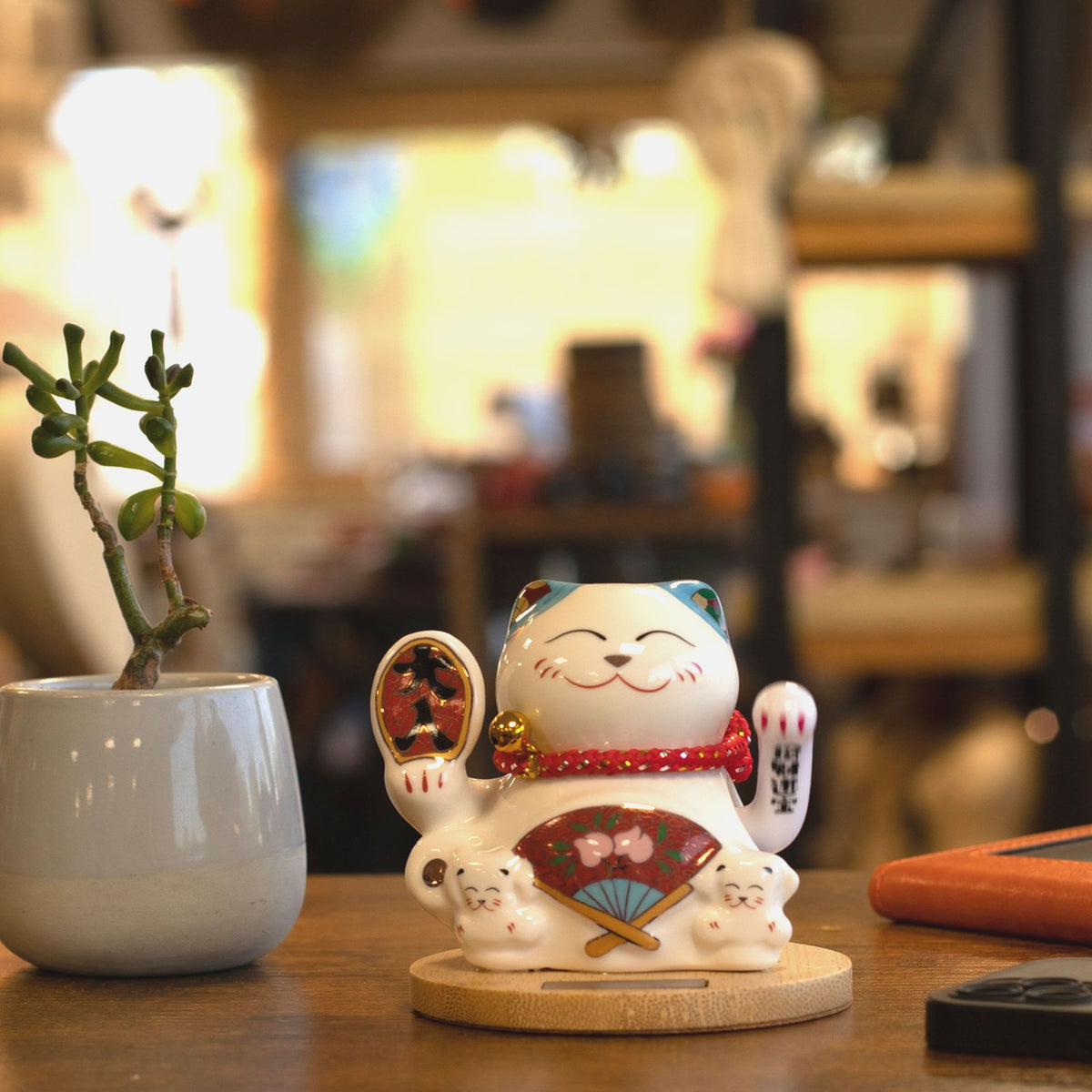 Solar Powered Japanese Lucky Cat on Wooden Base – Blue