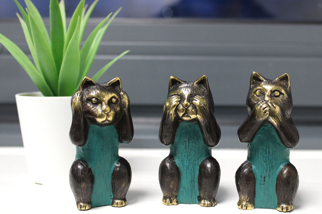 Set of 3 Brass Cats See No, Hear No, Speak No Evil Figurines