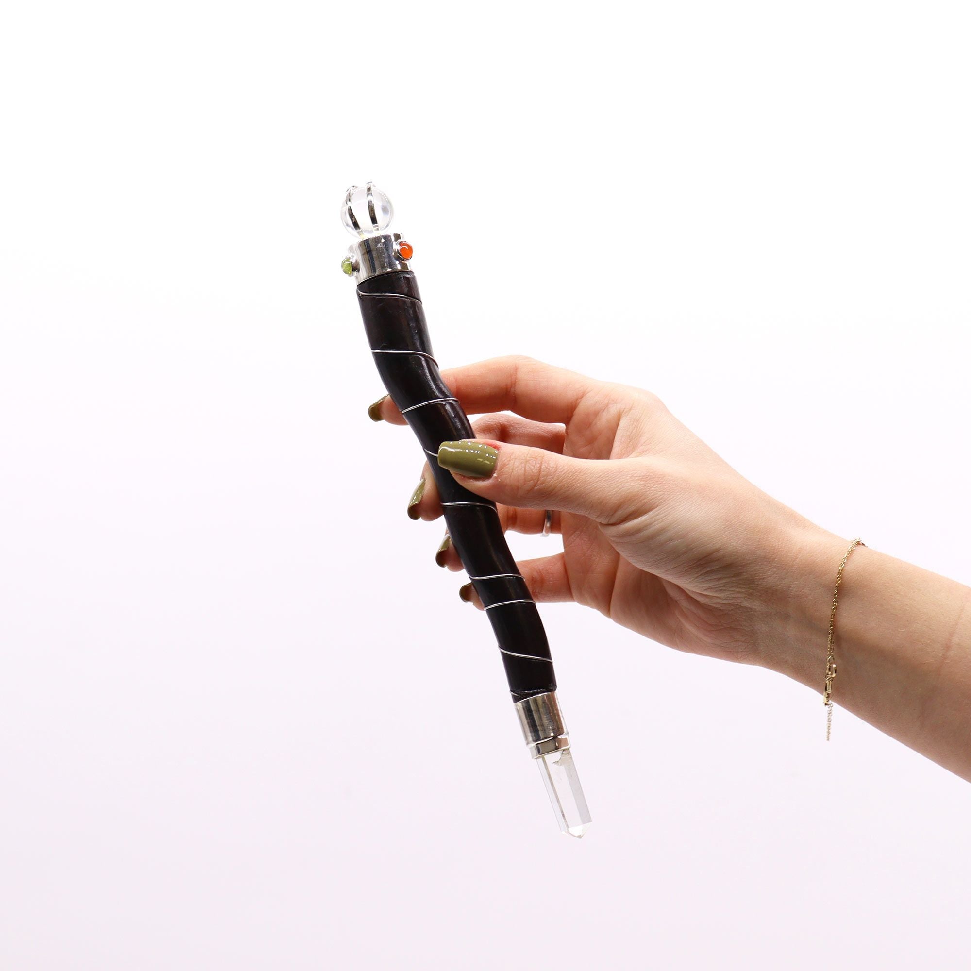 Natural Curved Wood and Rock Quartz Wand for Crystal Healing Use