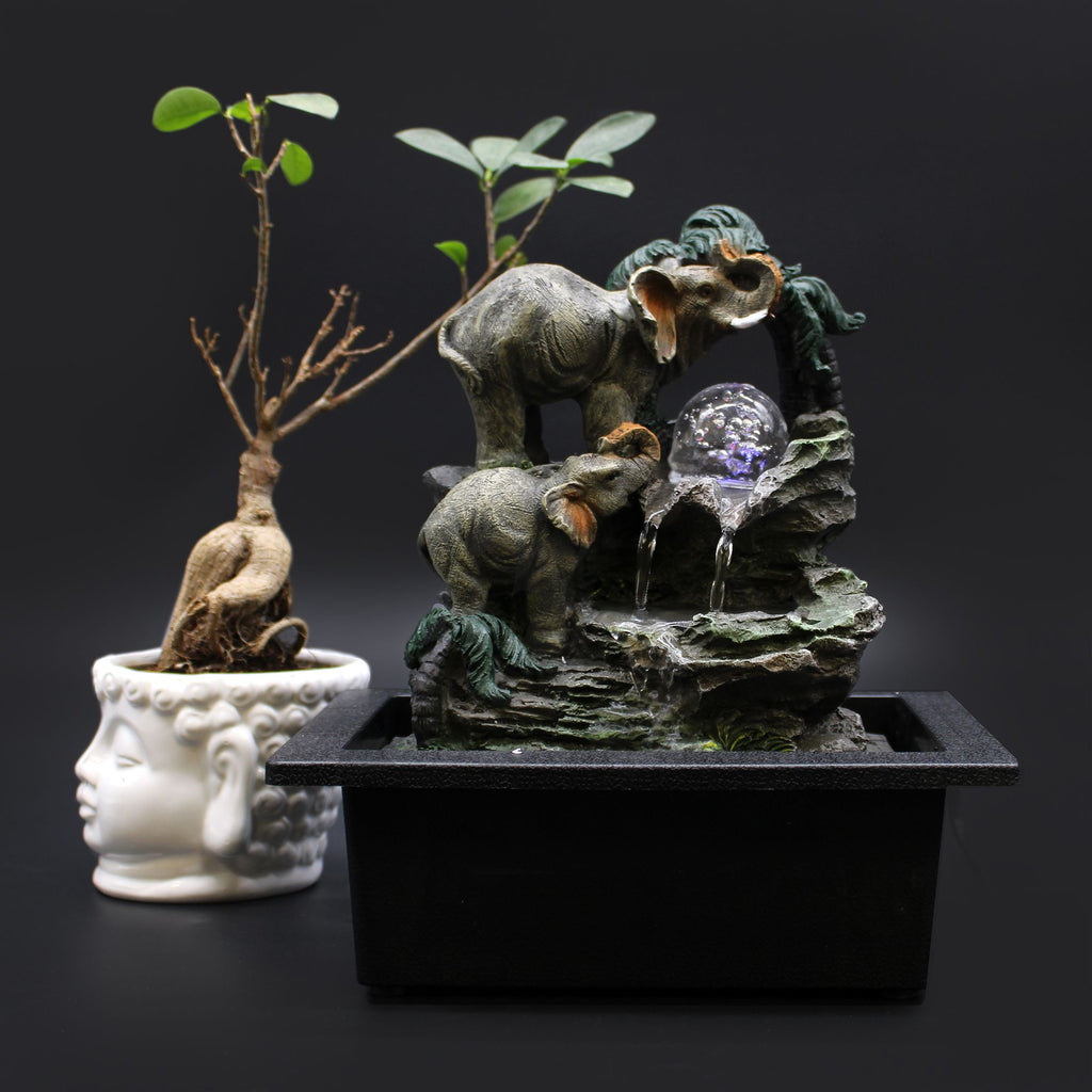 30cm Elephant Family Tabletop Water Feature for Indoor Decor