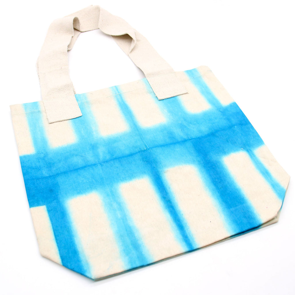 Natural Tye Dye Cotton Bag in Sky Blue Blocks with Natural Handle