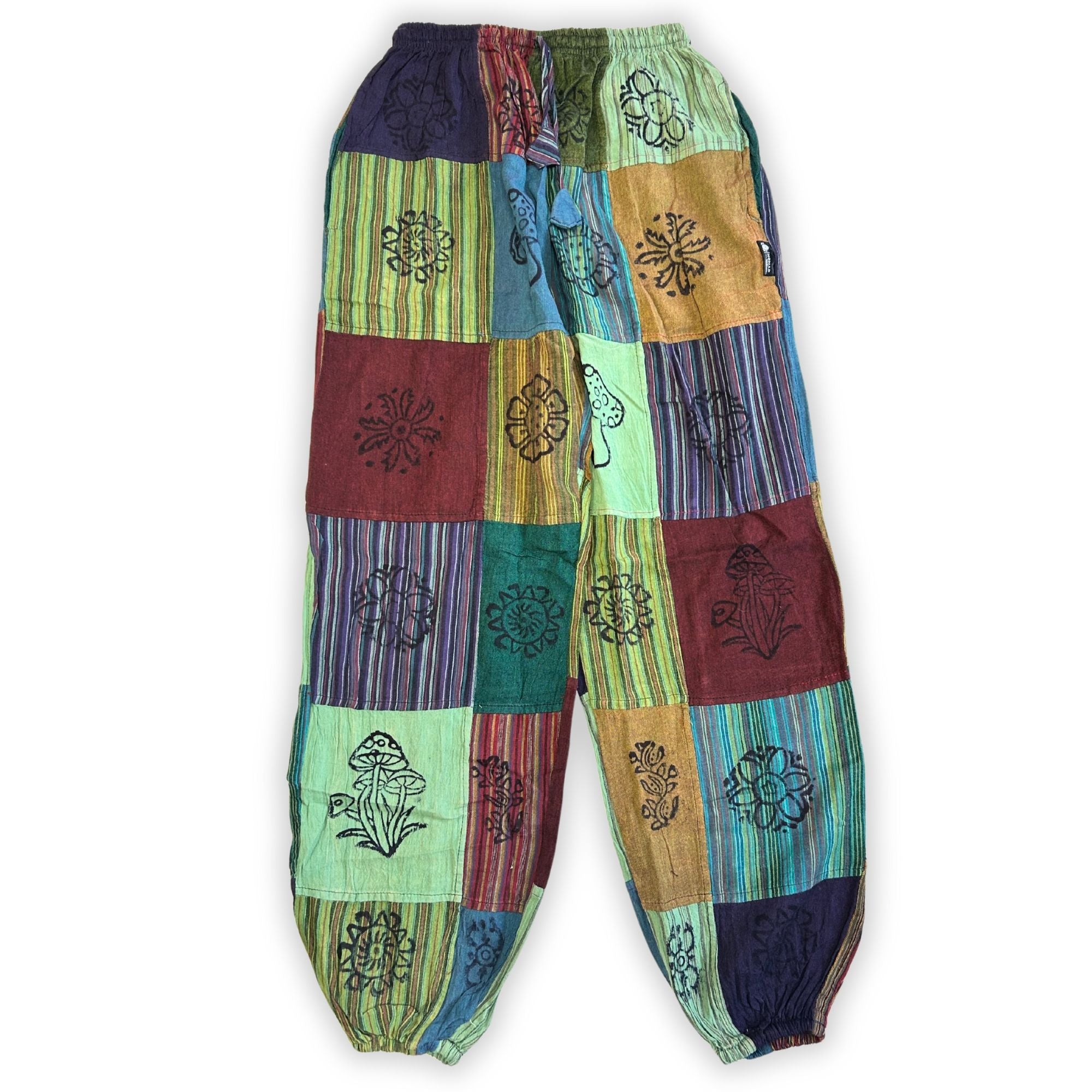 Nomad Sari Mushroom Pants with Block Print Design in Green Tones