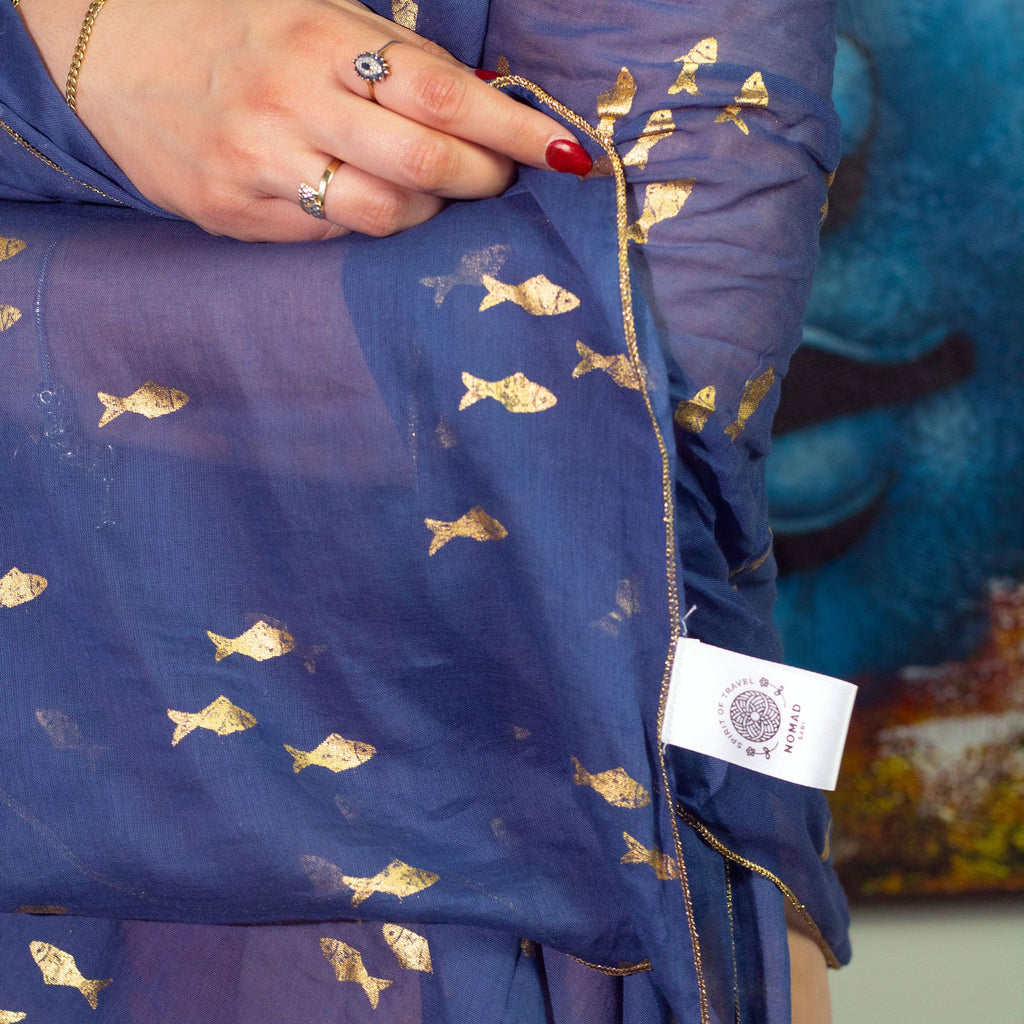 Nomad Sari Pareo in Sea Blue with Gold Fish Print for Summer Style