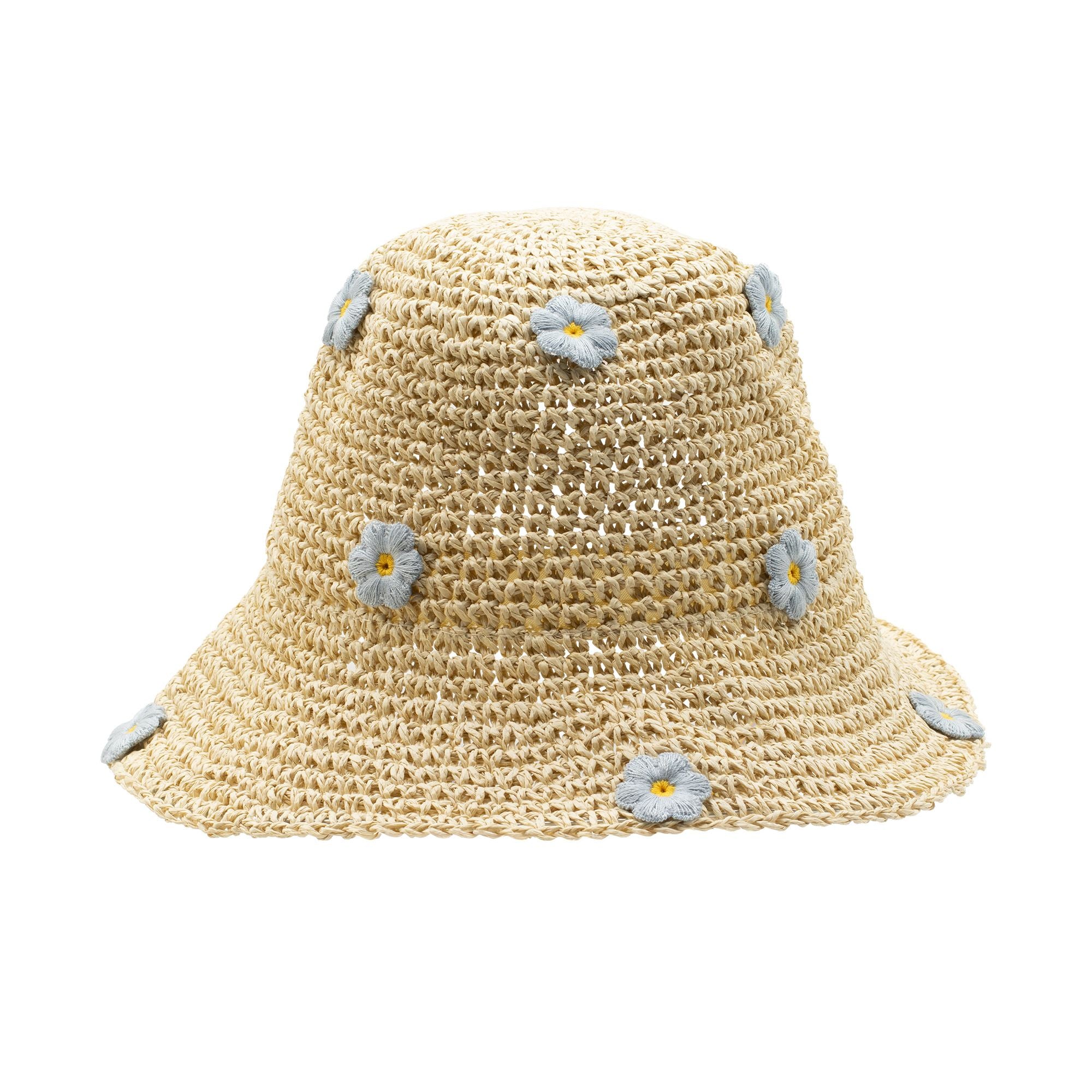 Nomad Sari Floppy Straw Sun Hat Beige with Blue Floral Accents